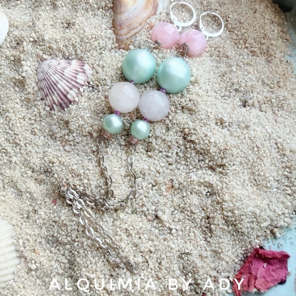 Alquimia Jewelry - SHOULDER DUSTER EARRINGS | Mint pearls pink quartz silver X_Long CLAVICLE 🧜‍♀️